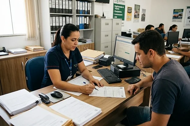 Cliente recebendo ajuda de despachante para regularização de veículo em Luziânia.